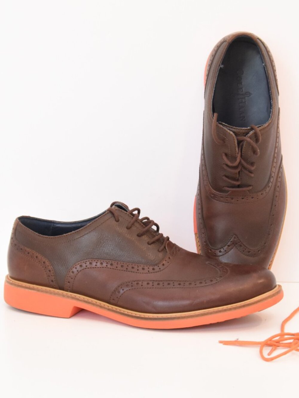 Cole Haan Great Jones Wingtip Oxfords Men 10 M Brown Leather Orange Sole C11235